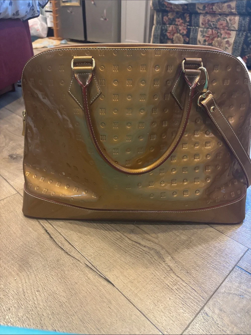 Arcadia Metallic Copper Patent Satchel with Embossed Dot Texture
